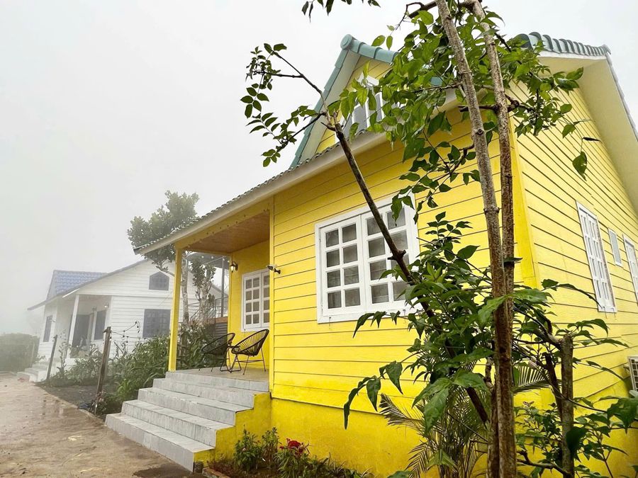 Nhà gỗ vàng chìm trong sương buổi sáng